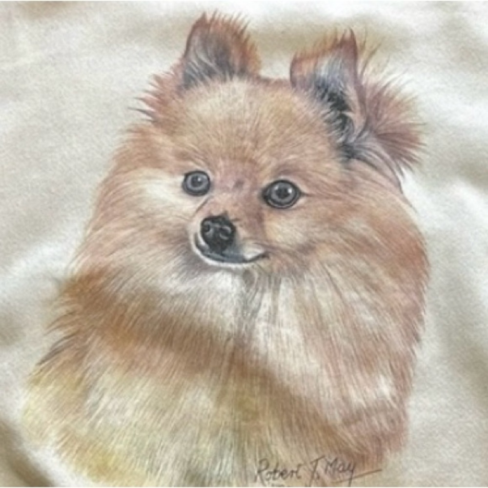 Vintage Polmeranian Sweater Large Crewneck Beige Yellow Dogs pom pom Puppy Dog